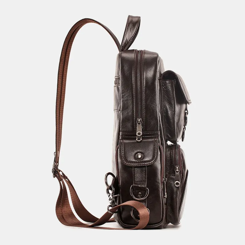 Men Genuine Leather Multifunction Multi-Carry Outdoor Travel Cowhide Crossbody Bag Backpack