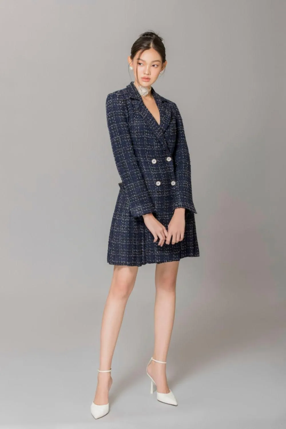 Milana A-line Double Breasted Tweed Above The Knee Dress