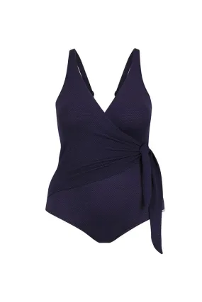 Navy Honey Comb Waist Tie One Piece