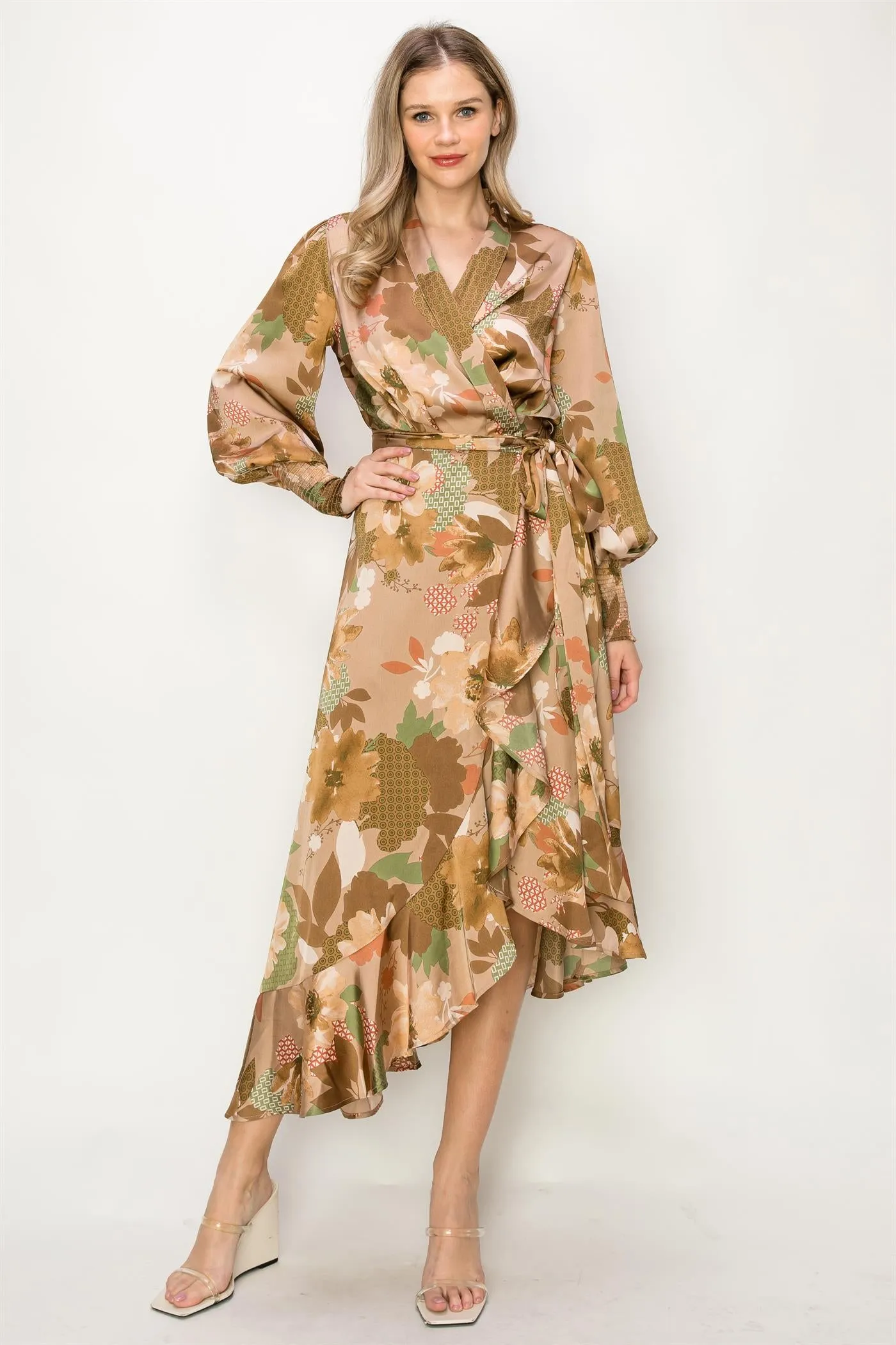 OL24A084-Chiffon Floral Wrap Unbalanced Maxi Dress