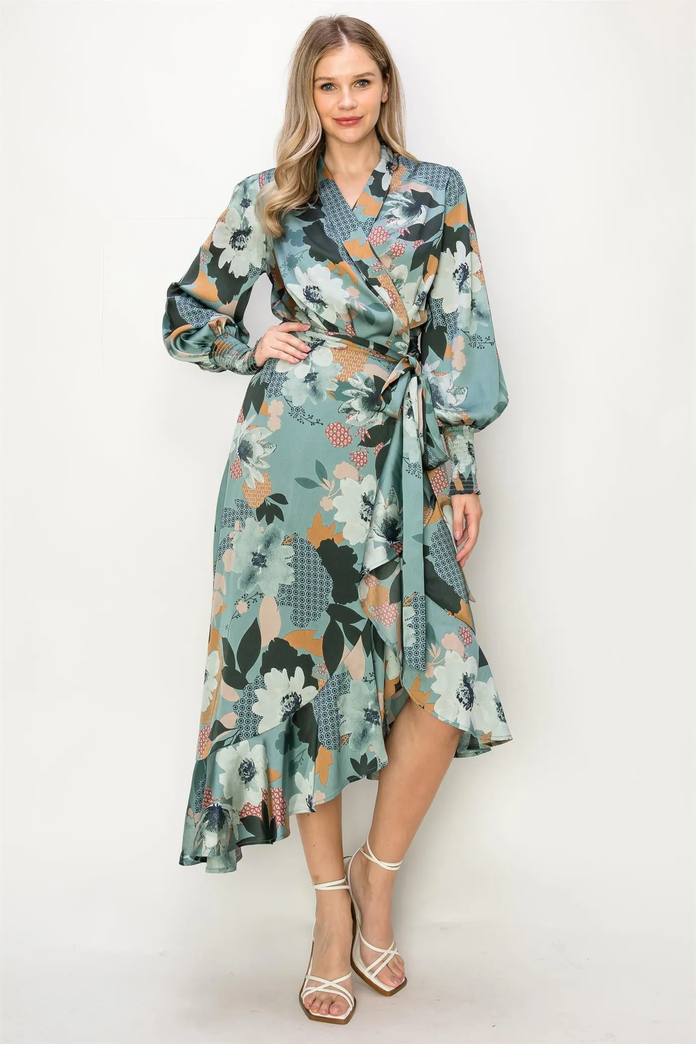 OL24A084-Chiffon Floral Wrap Unbalanced Maxi Dress