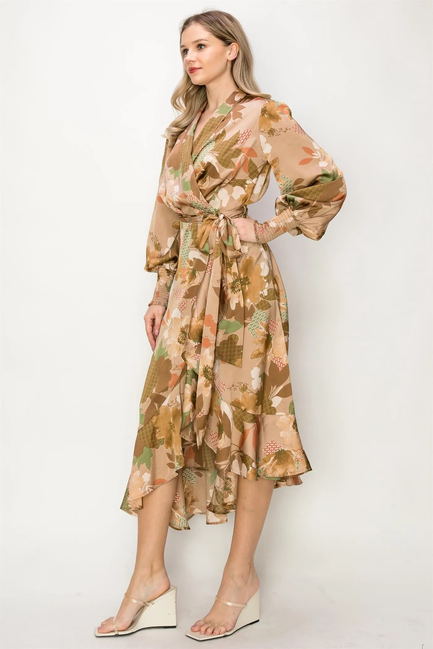 OL24A084-Chiffon Floral Wrap Unbalanced Maxi Dress