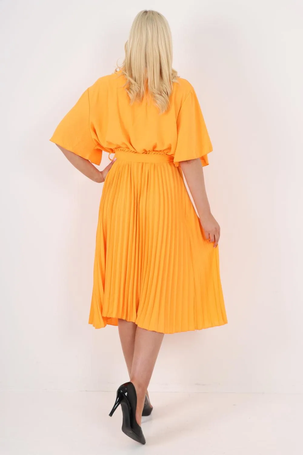 Pleated Belted Wrap Short Sleeve Midi Dress