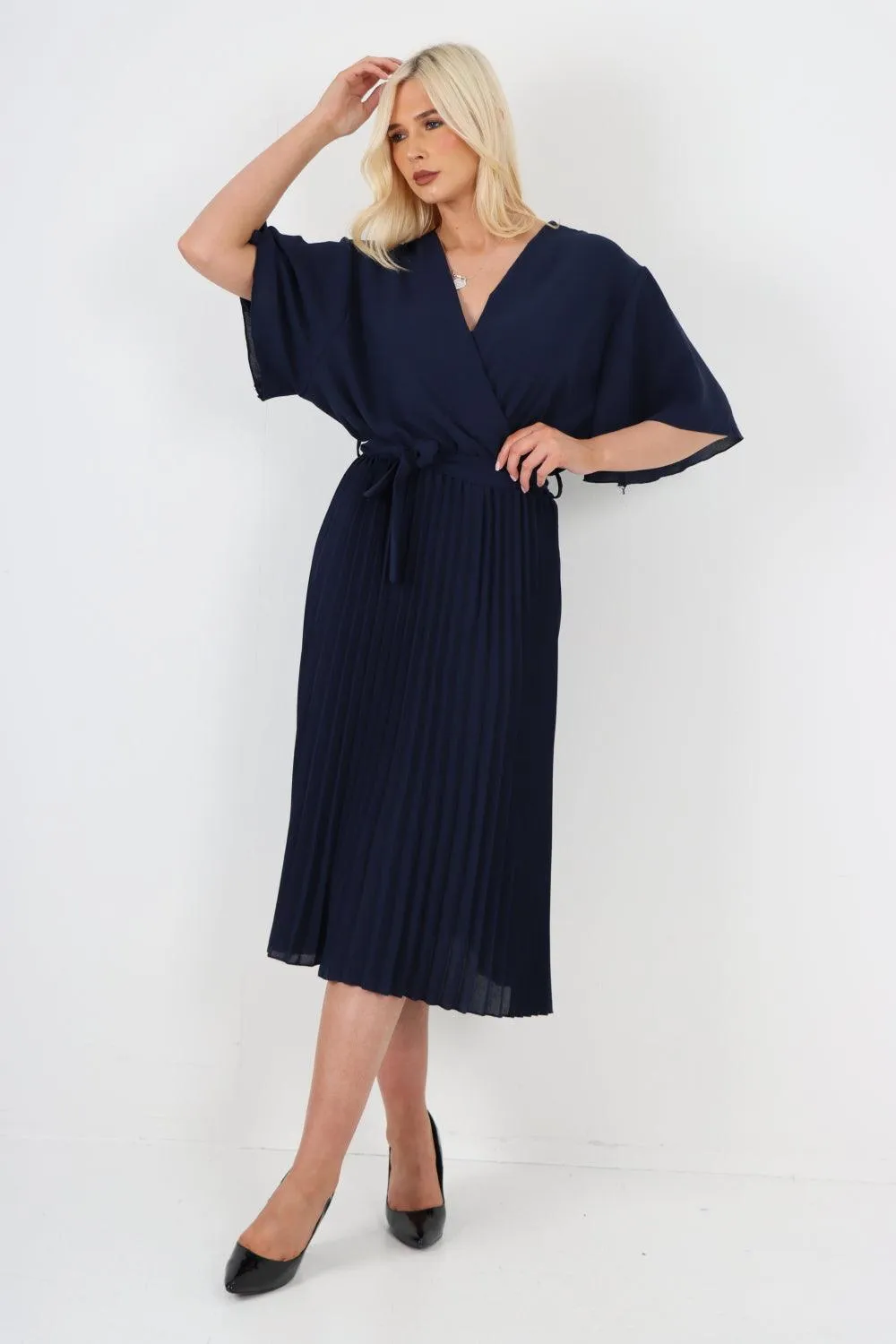 Pleated Belted Wrap Short Sleeve Midi Dress