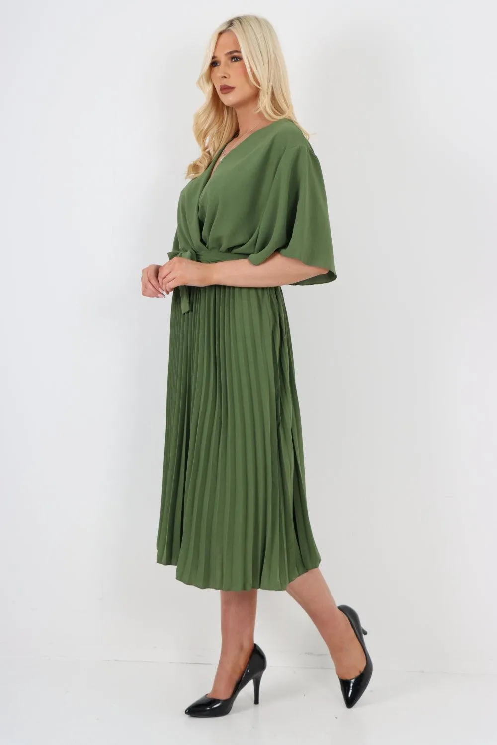 Pleated Belted Wrap Short Sleeve Midi Dress