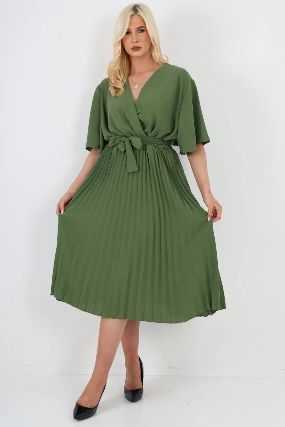 Pleated Belted Wrap Short Sleeve Midi Dress