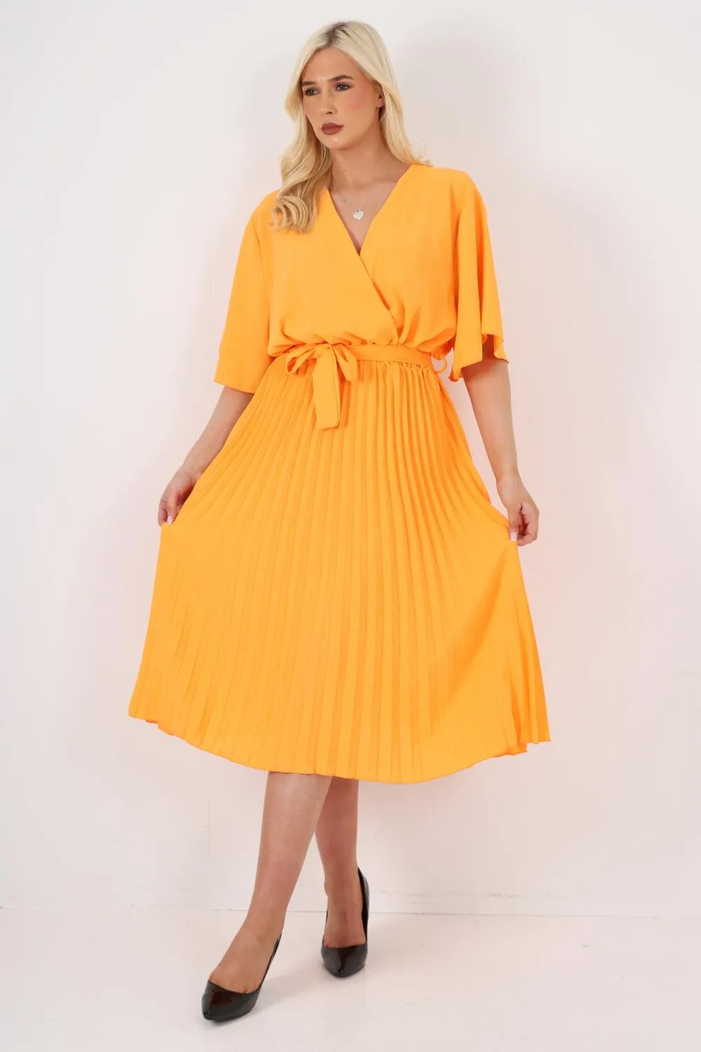 Pleated Belted Wrap Short Sleeve Midi Dress