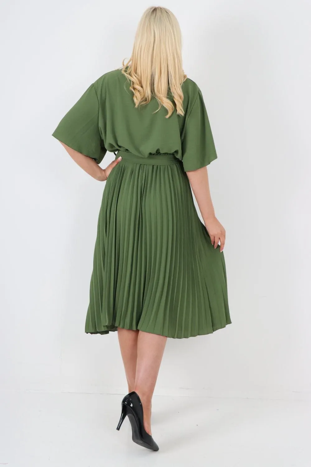 Pleated Belted Wrap Short Sleeve Midi Dress