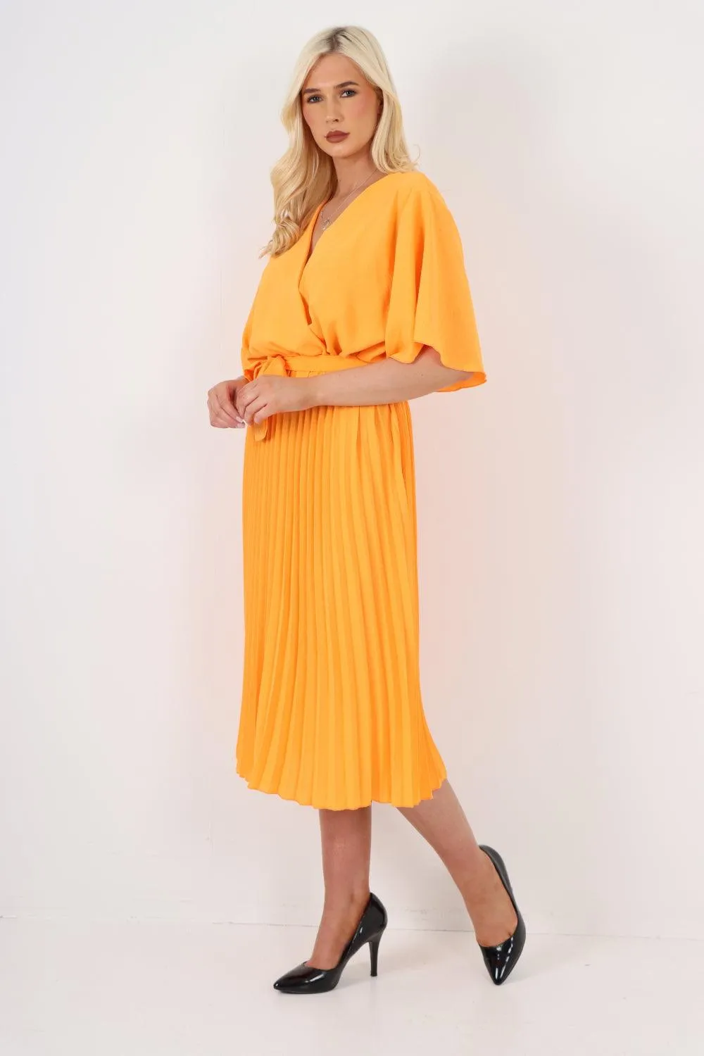 Pleated Belted Wrap Short Sleeve Midi Dress