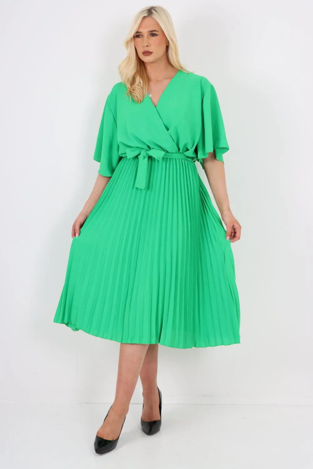 Pleated Belted Wrap Short Sleeve Midi Dress