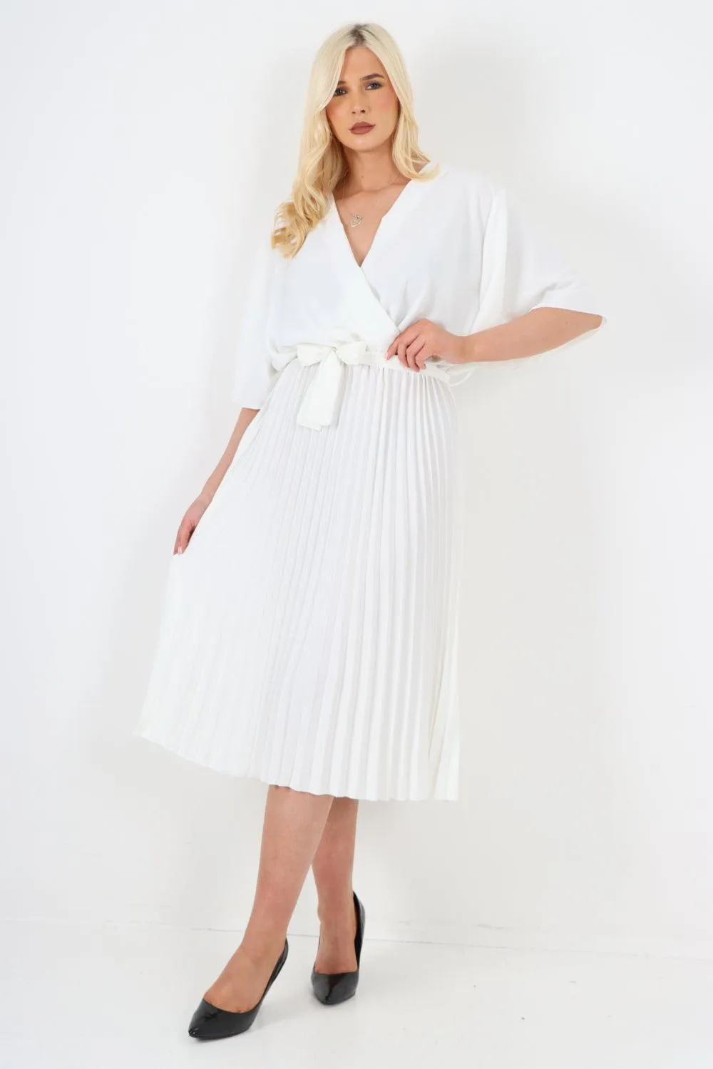 Pleated Belted Wrap Short Sleeve Midi Dress