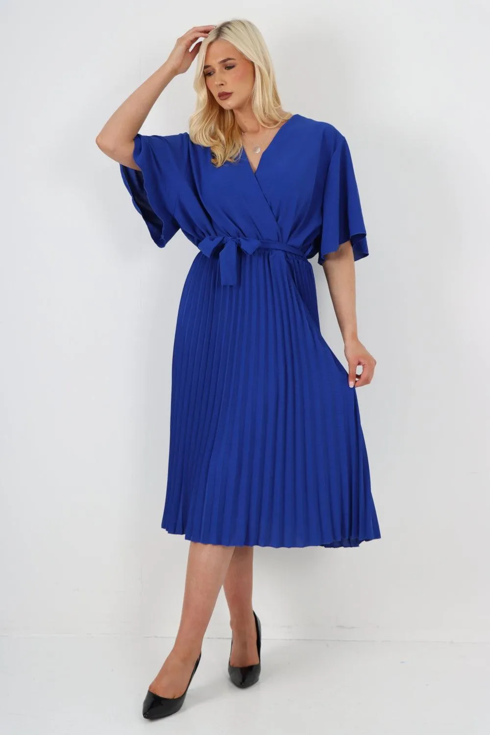 Pleated Belted Wrap Short Sleeve Midi Dress