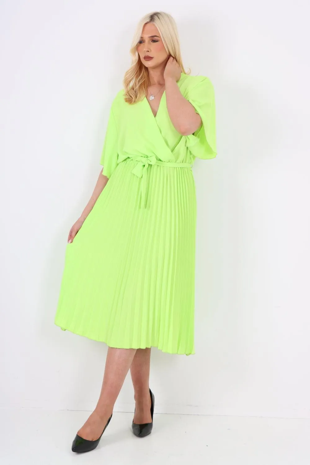 Pleated Belted Wrap Short Sleeve Midi Dress