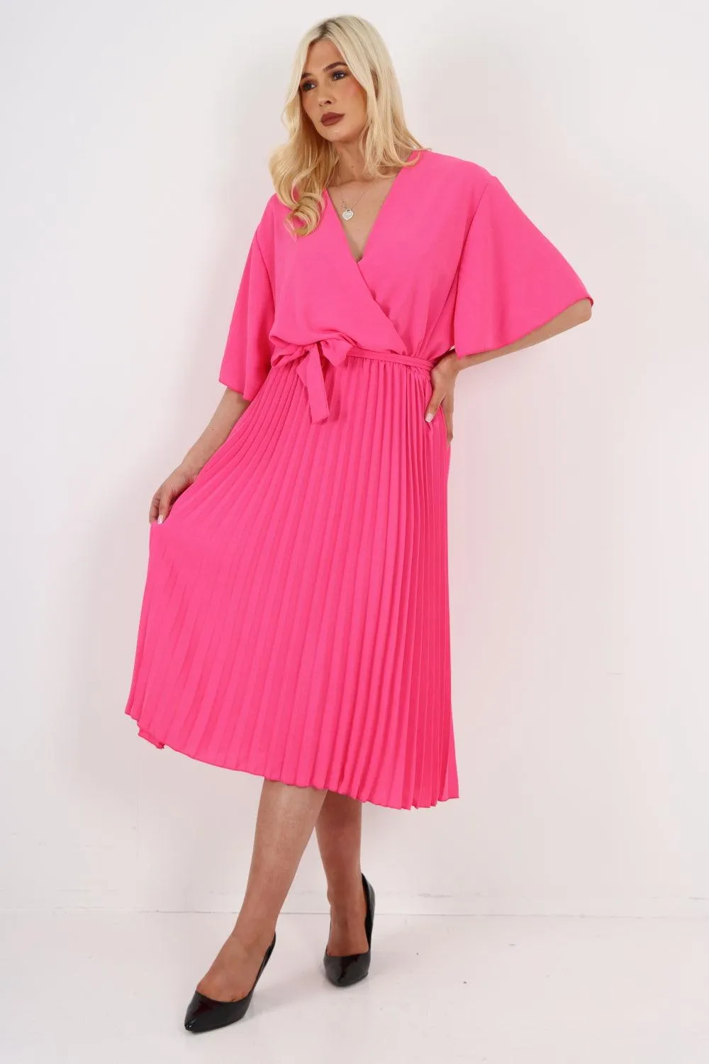 Pleated Belted Wrap Short Sleeve Midi Dress