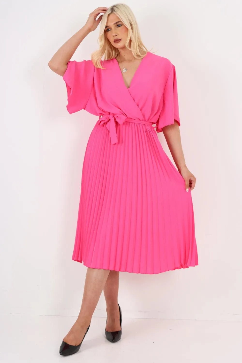 Pleated Belted Wrap Short Sleeve Midi Dress