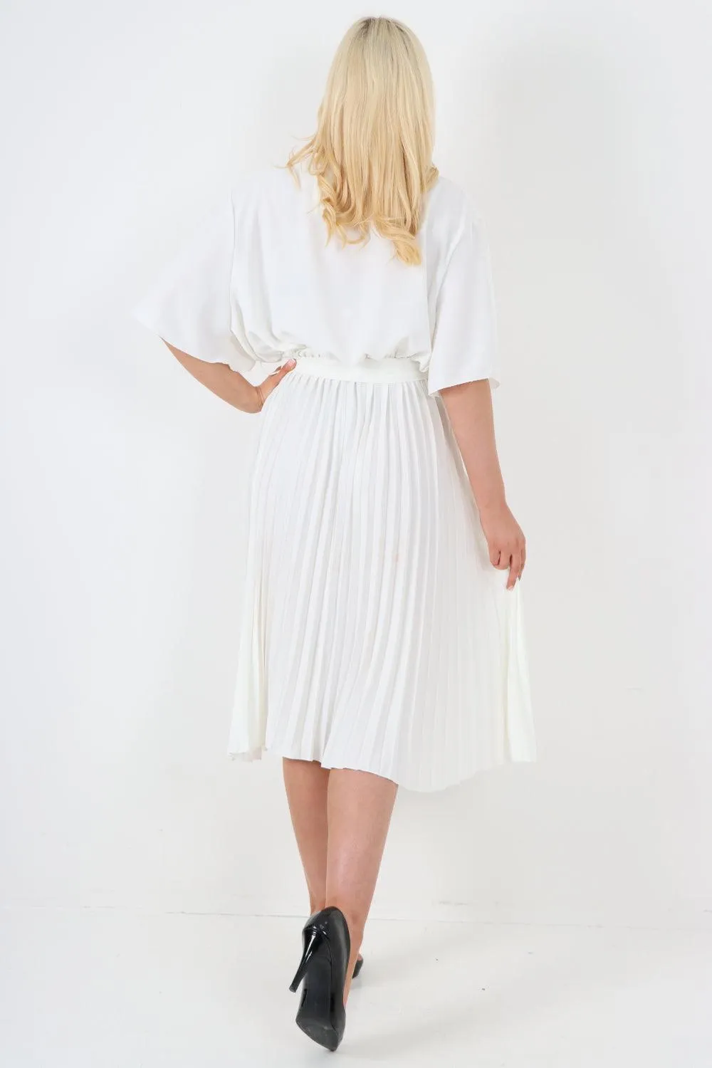 Pleated Belted Wrap Short Sleeve Midi Dress