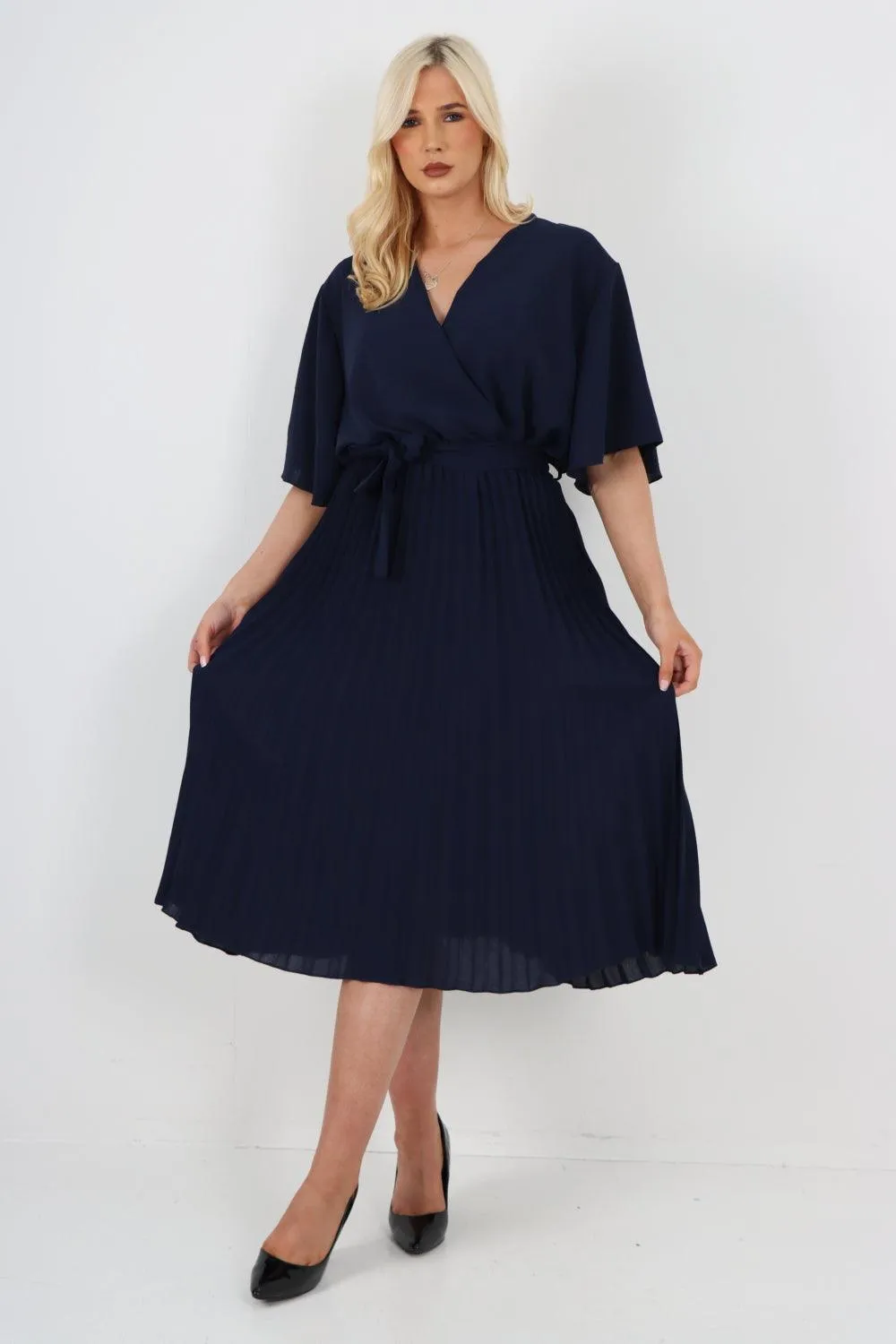 Pleated Belted Wrap Short Sleeve Midi Dress