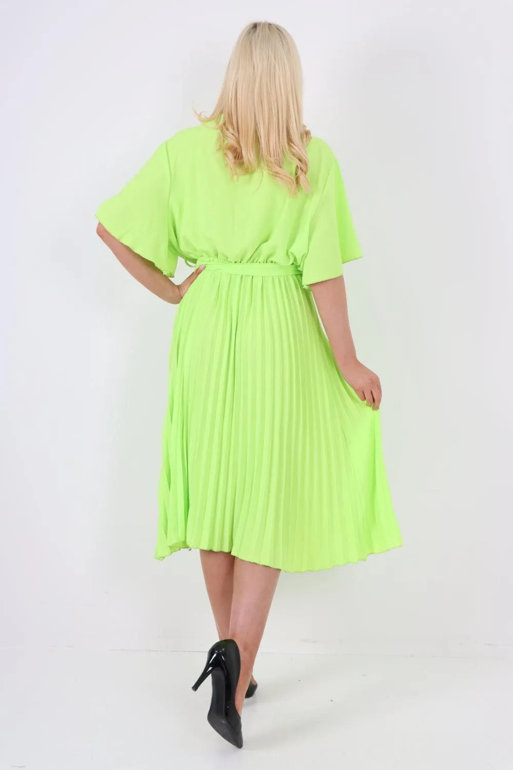 Pleated Belted Wrap Short Sleeve Midi Dress