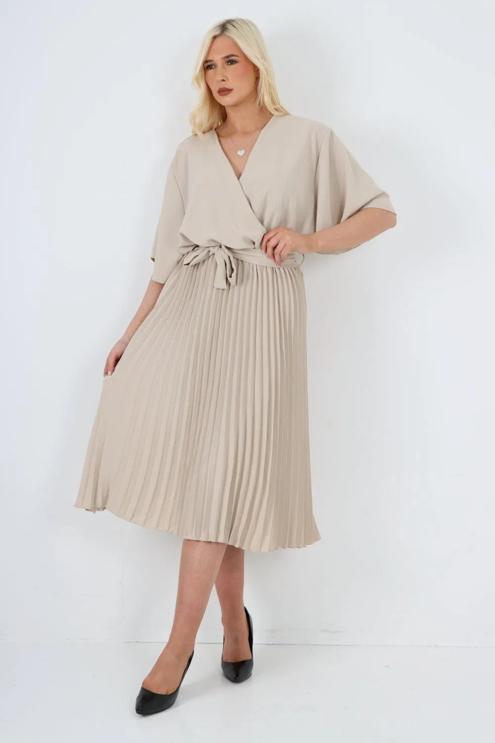 Pleated Belted Wrap Short Sleeve Midi Dress