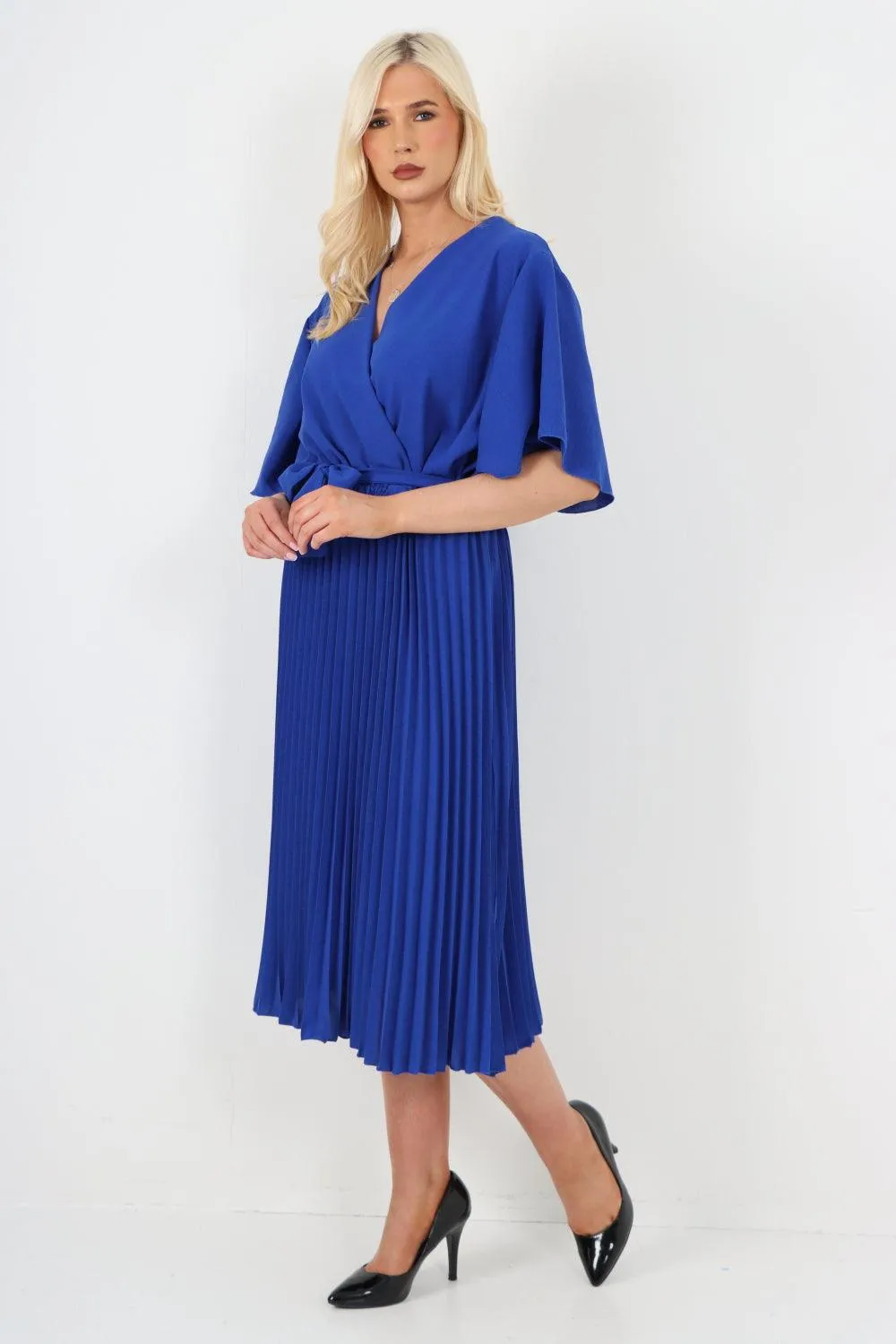 Pleated Belted Wrap Short Sleeve Midi Dress