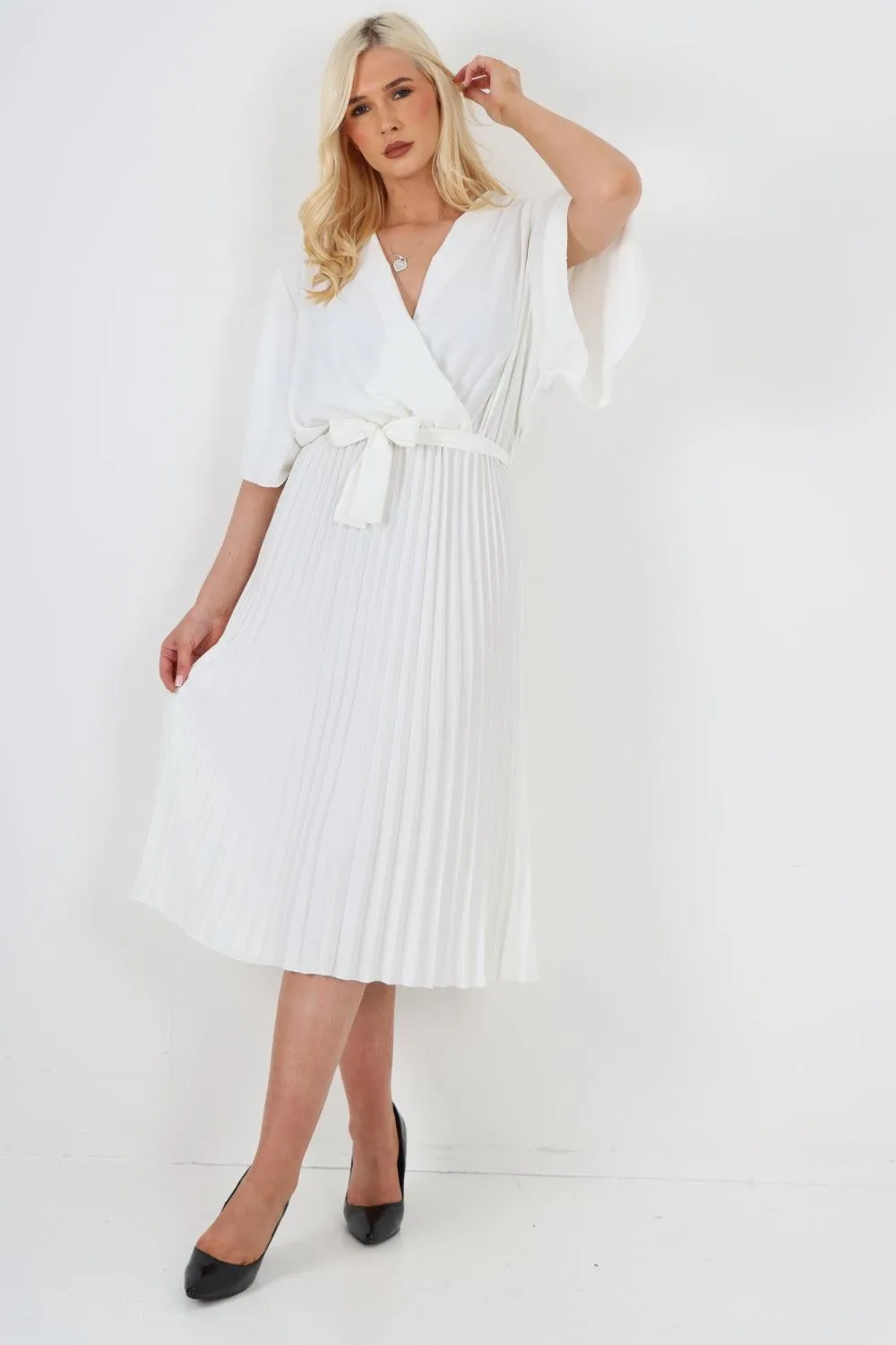 Pleated Belted Wrap Short Sleeve Midi Dress