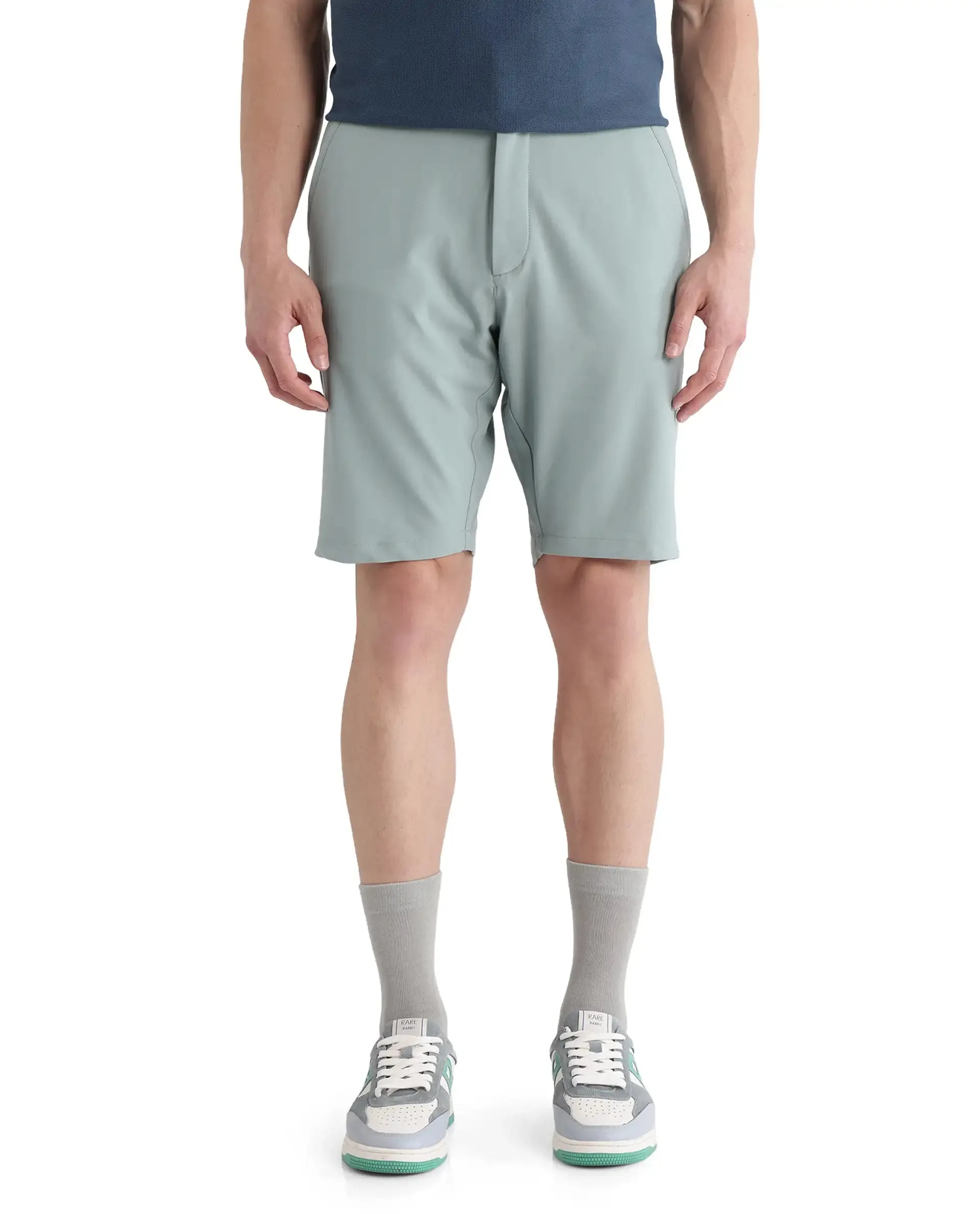 Rare Rabbit Men Drivo Pastel Green Cotton Elastane Fabric Bi-Stretch Jacquard Waistband Regular Fit Solid Shorts