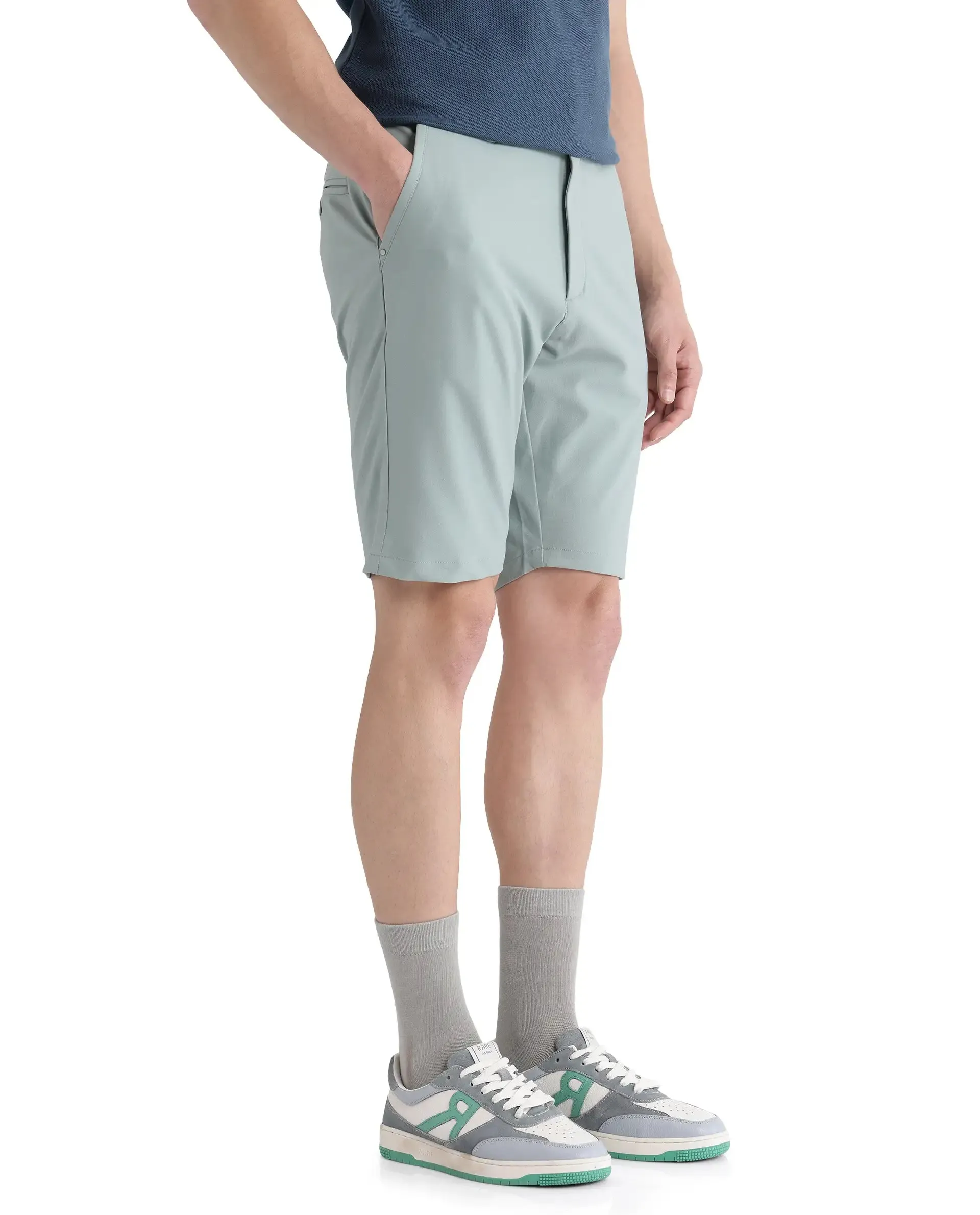 Rare Rabbit Men Drivo Pastel Green Cotton Elastane Fabric Bi-Stretch Jacquard Waistband Regular Fit Solid Shorts