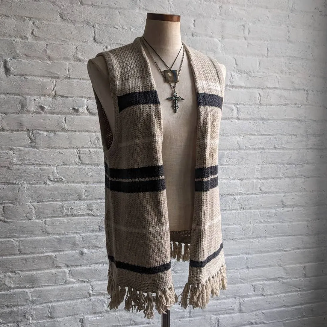 Retro Striped Minimalist Knit Shag Fringe Sweater Vest Neutral Boho Cardigan Top