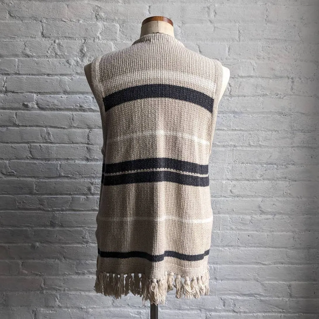 Retro Striped Minimalist Knit Shag Fringe Sweater Vest Neutral Boho Cardigan Top