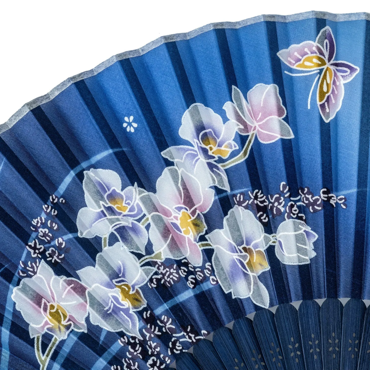 Royal Blue Butterfly and Orchid Japanese Fan