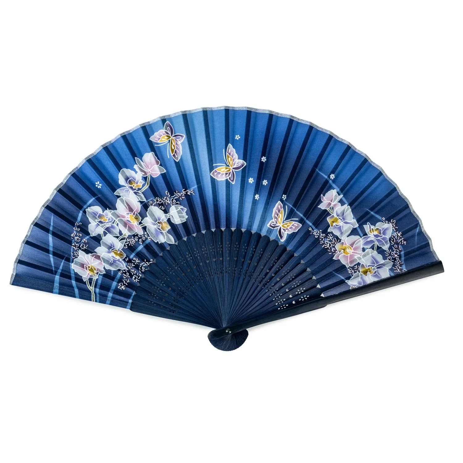 Royal Blue Butterfly and Orchid Japanese Fan