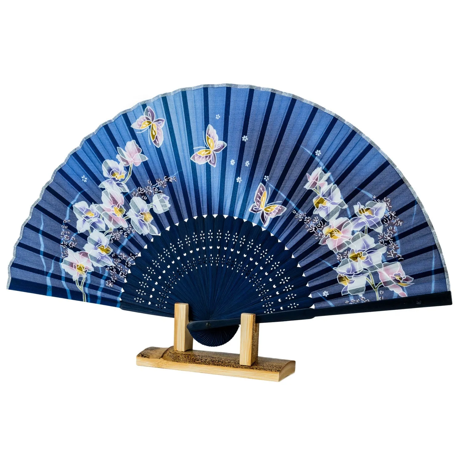 Royal Blue Butterfly and Orchid Japanese Fan