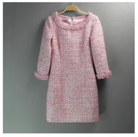 Sheath Pearls Tweed 3/4 Sleeves Dress Hot Pink