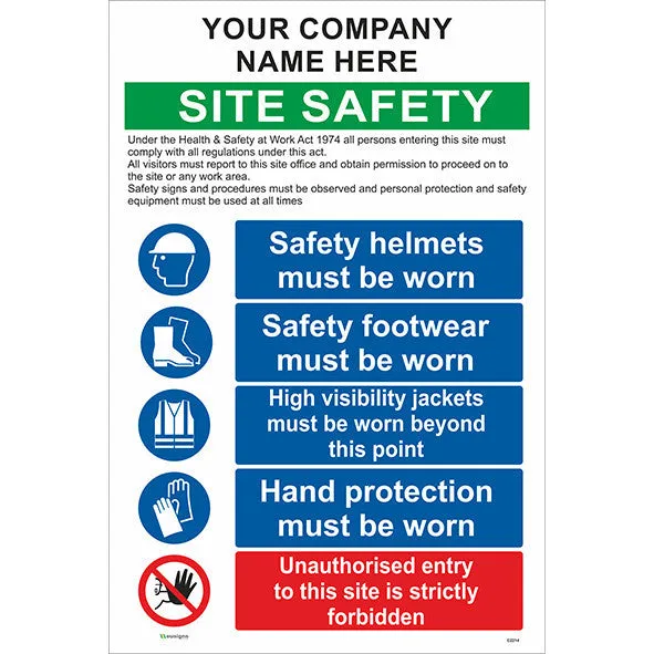 Site Safety Sign With Company Name / PPE / Unauthorised Entry