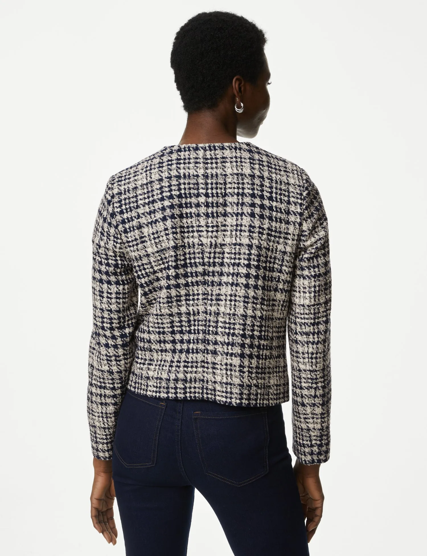 Tweed Checked Collarless Short Jacket