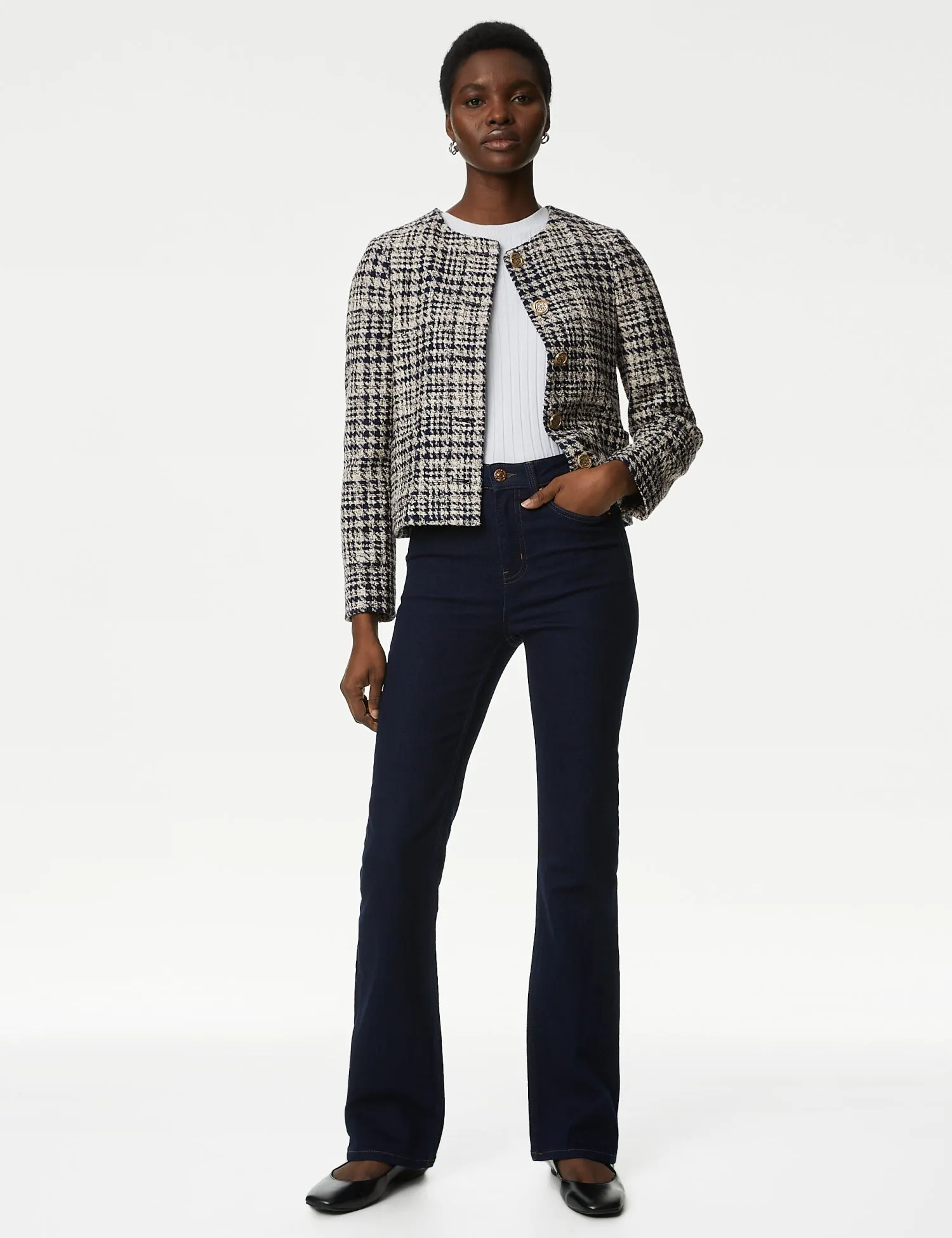 Tweed Checked Collarless Short Jacket