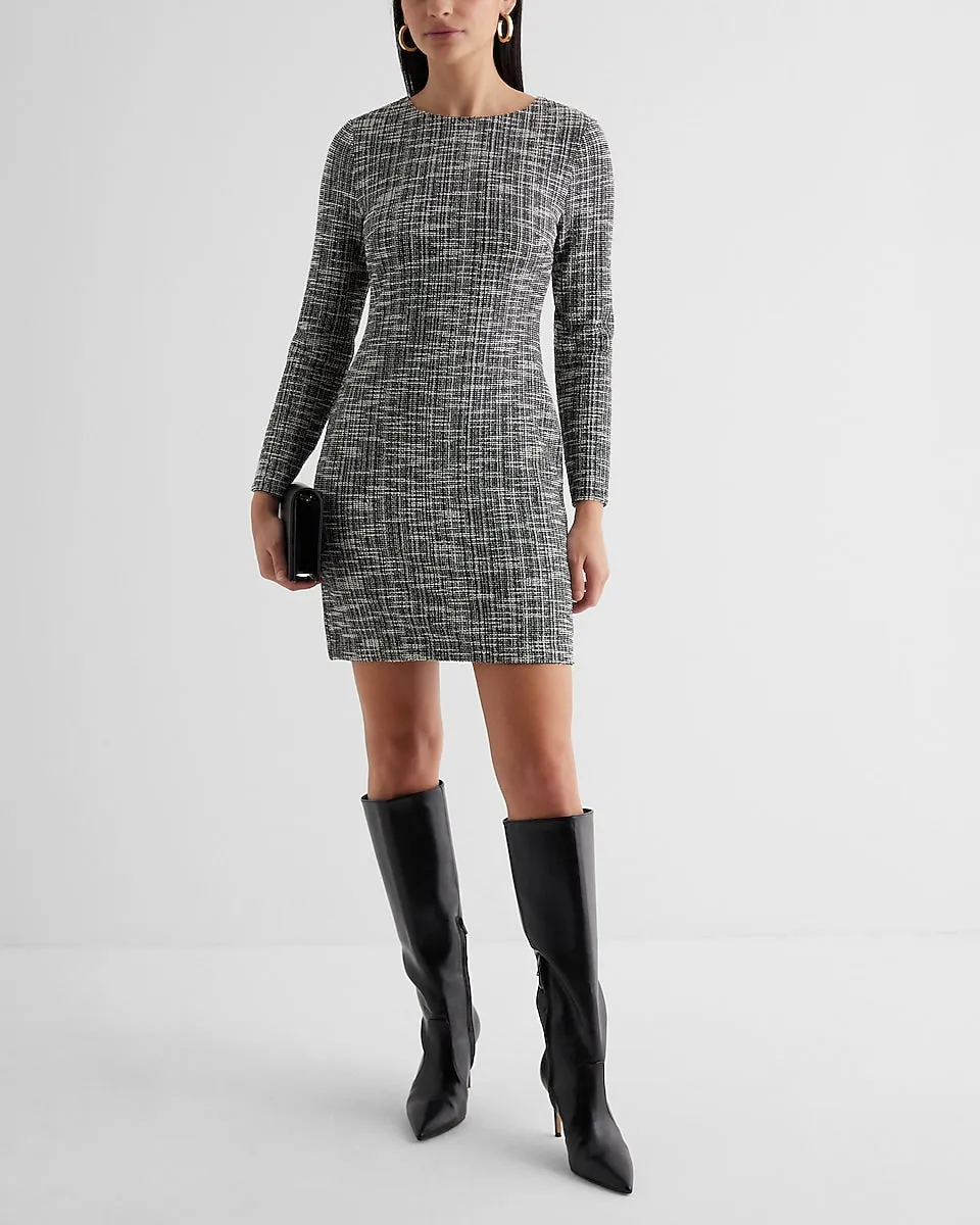 Tweed Crew Neck Long Sleeve Mini Sheath Dress in Black Print