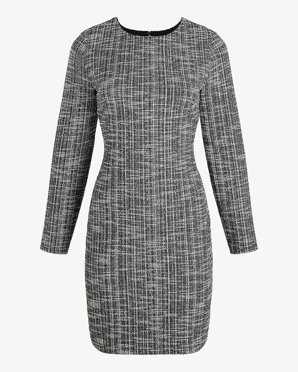 Tweed Crew Neck Long Sleeve Mini Sheath Dress in Black Print