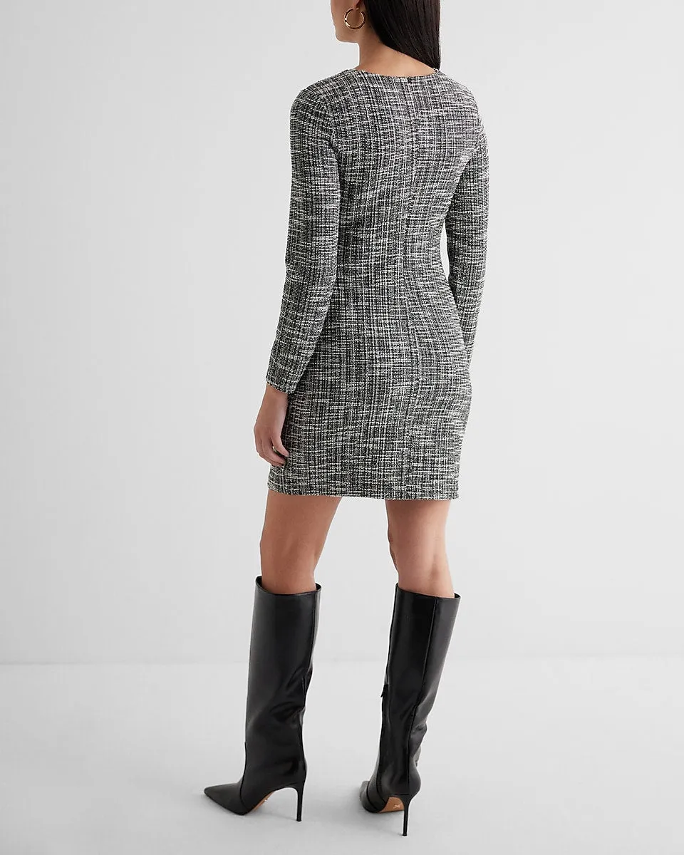 Tweed Crew Neck Long Sleeve Mini Sheath Dress in Black Print