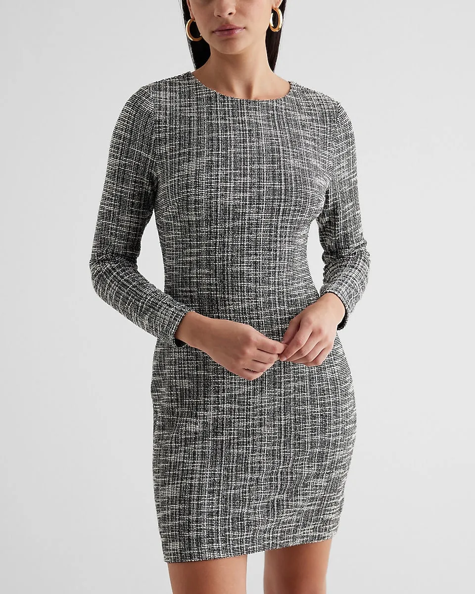 Tweed Crew Neck Long Sleeve Mini Sheath Dress in Black Print