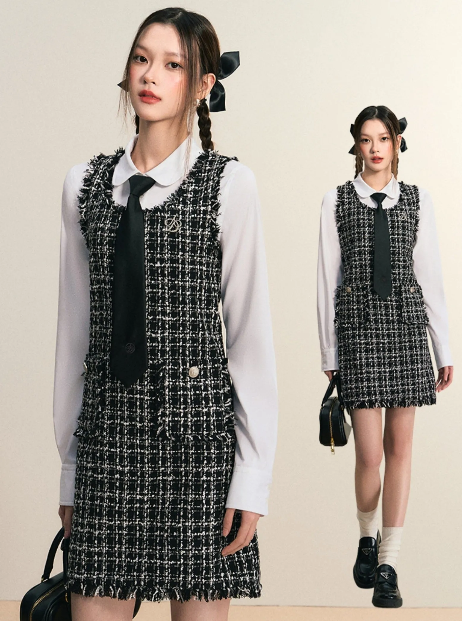 Tweed Sleeveless Mini Dress: Frayed Edge Shift Dress with Front Pockets