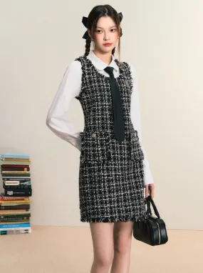 Tweed Sleeveless Mini Dress: Frayed Edge Shift Dress with Front Pockets