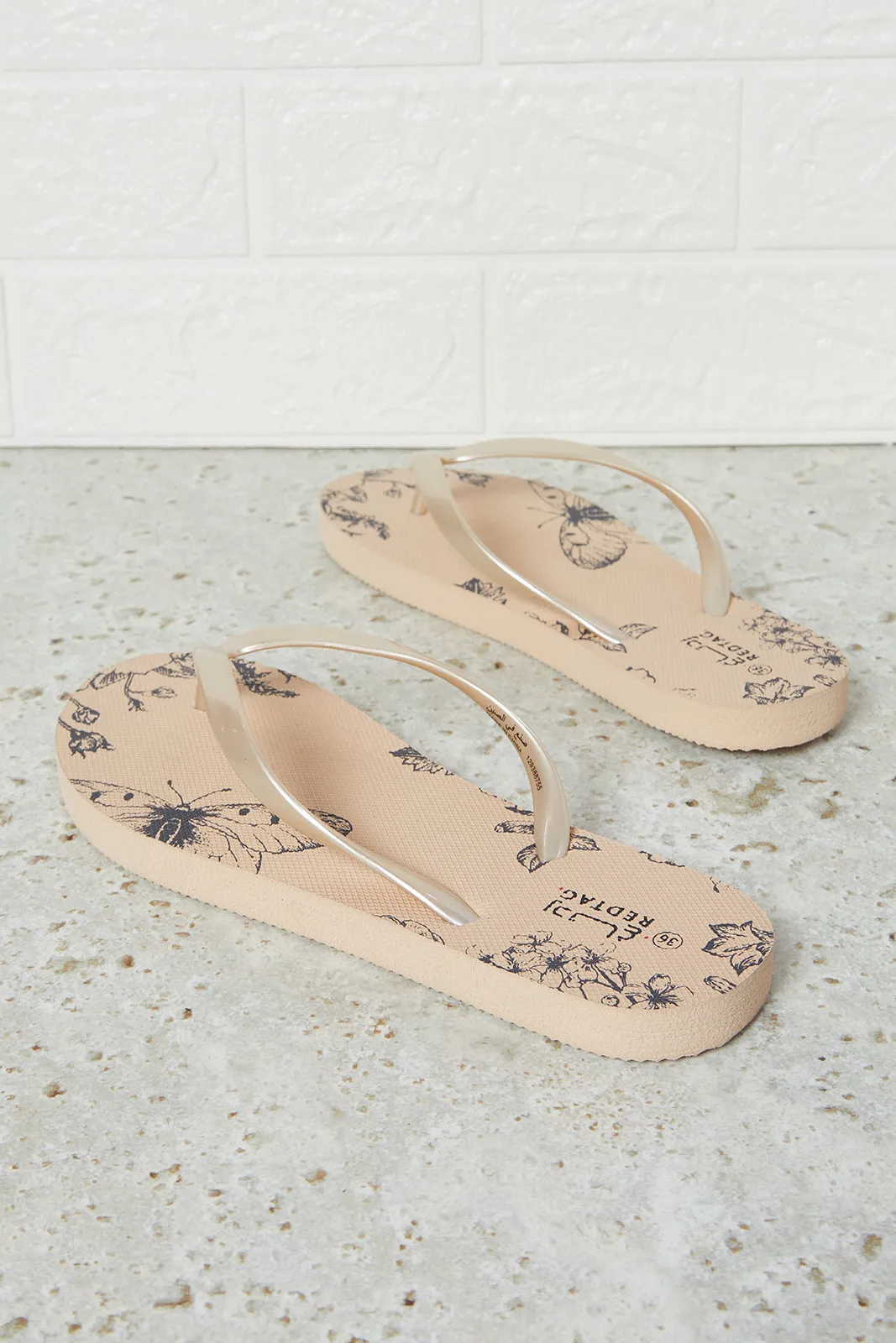 Women Beige Butterfly Printed Flip Flop