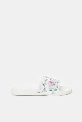 Women White Floral Slide