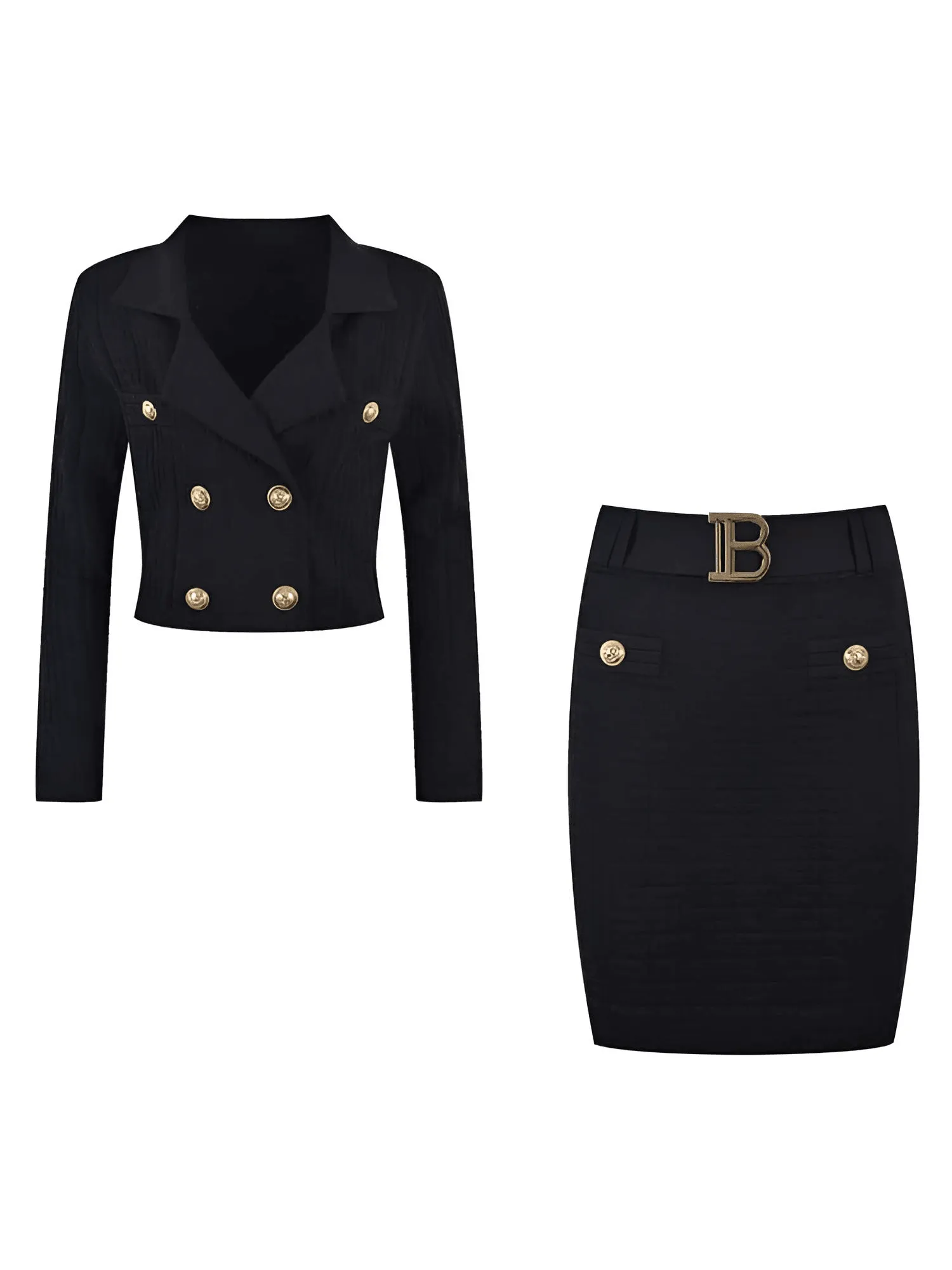 Women's Two Piece Crop Blazer Skirt Set With Textured Pattern!