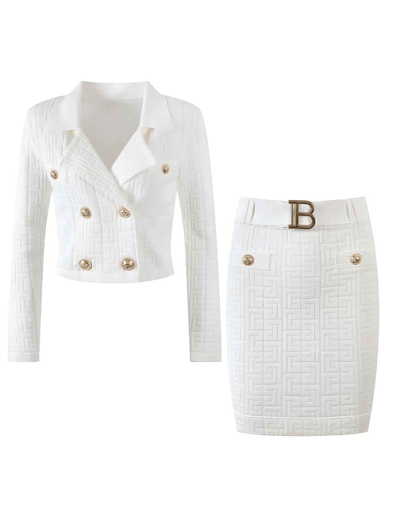 Women's Two Piece Crop Blazer Skirt Set With Textured Pattern!